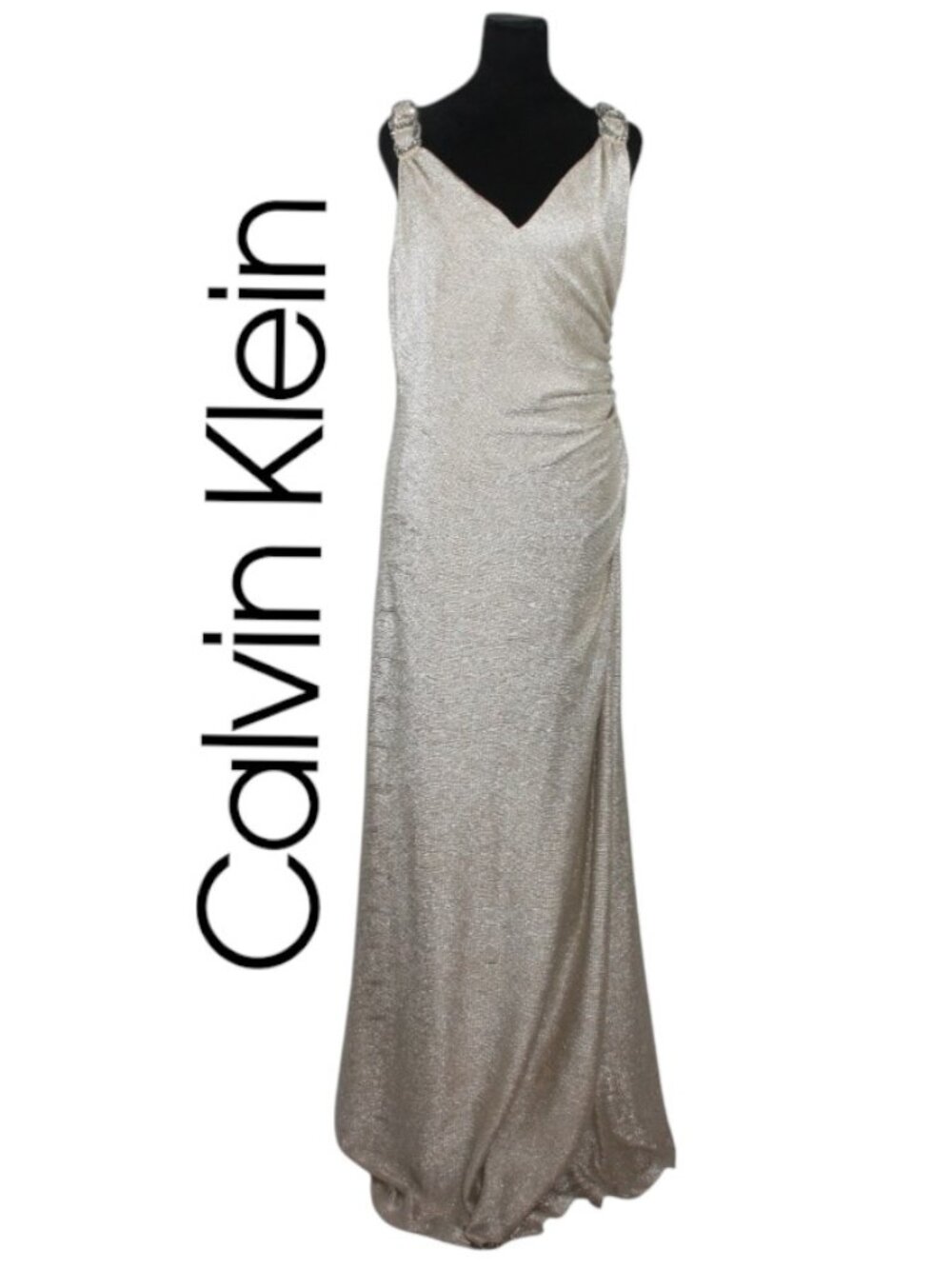 Calvin Klein Metallic Gold & Silver Gown with Beaded Accents on Shoulders 10